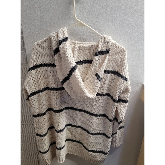 Rewind Woman's Large  Knit Cardigan Hooded Long Sleeve Cream Beige Black Stripes - Picture 3 of 5